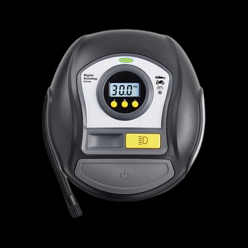 Auto-stop digital tyre inflator with preset memory and hose storage