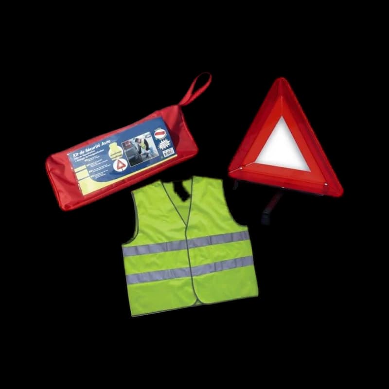 Compact roadside kit with high-visibility vest pouch and warning triangle
