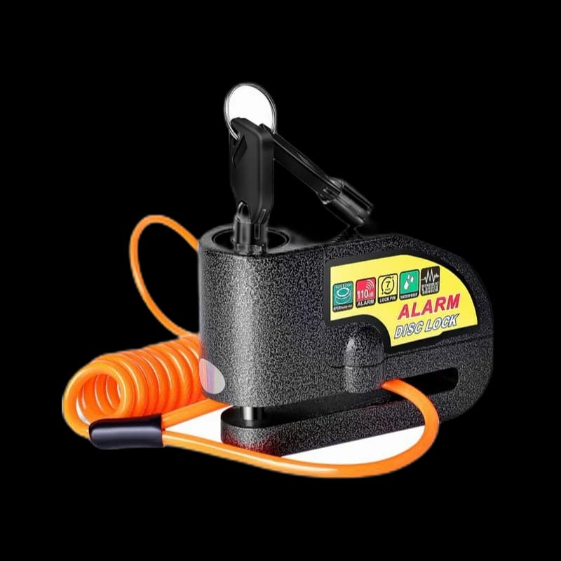 Motorcycle disc-brake lock with alarm and reminder cable