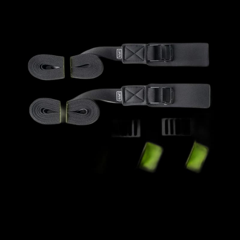Roof-cargo tie-down strap kit with tension-indicator stitching and padded cam buckles