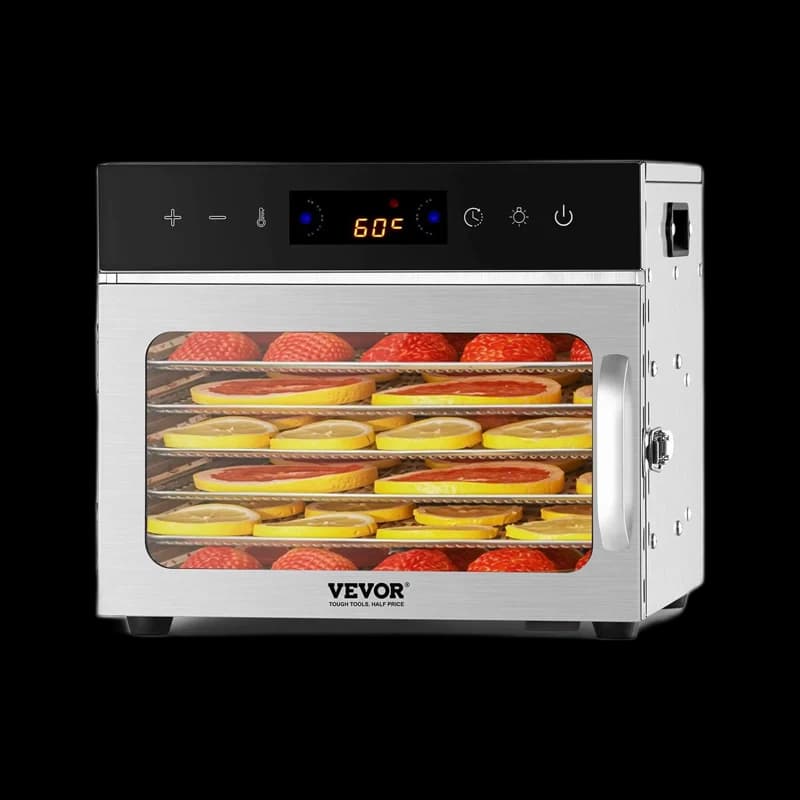Six-tray stainless-steel food dehydrator with digital timer and temperature control