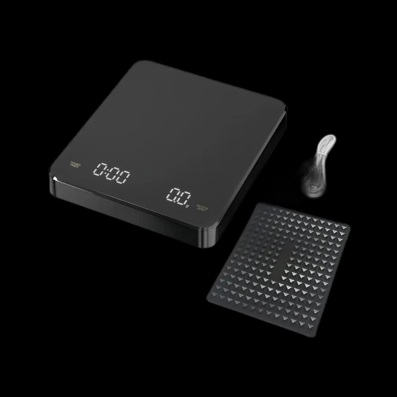 Rechargeable coffee scale with 0.1 g precision, timer and heat-resistant mat