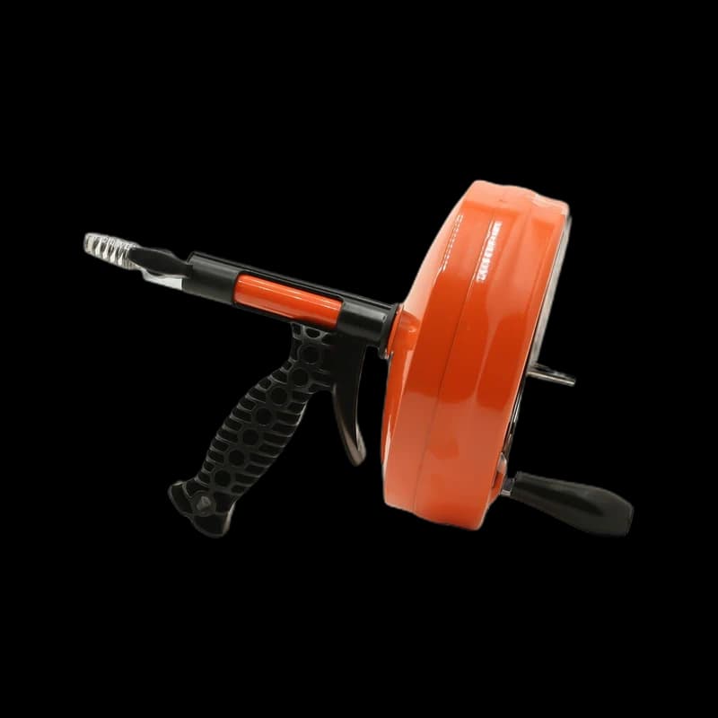 Crank-driven drain auger with splash guard