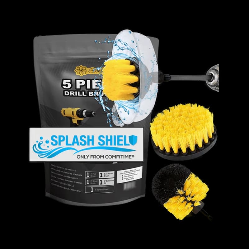 Grout and tile drill-brush set with splash guard