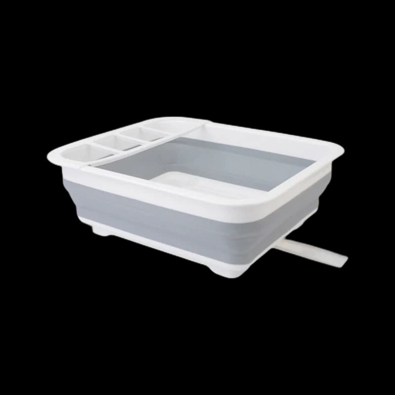 Fold-flat dish drying rack with drainage spout